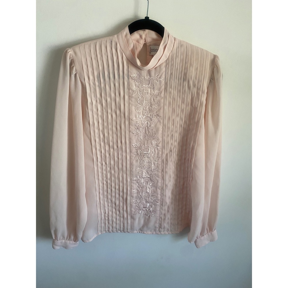 Josephine Vintage Pink Mock Neck Embroidered Pintuck Blouse Long Sleeve Top‎ L